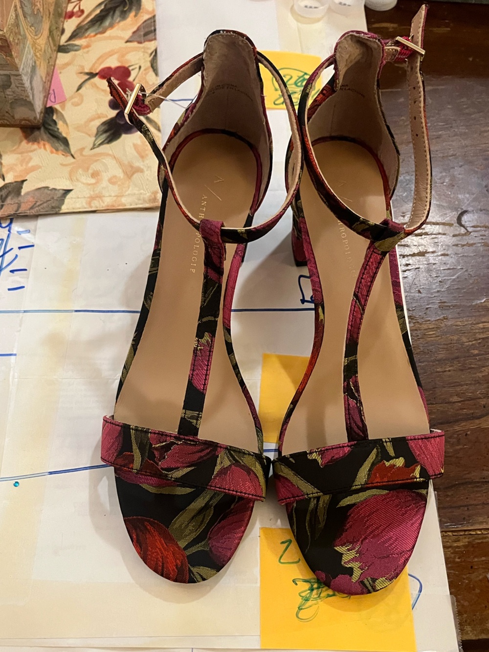 Anthropologie Floral T-Strap Block Heel Sandals in Black and Pink